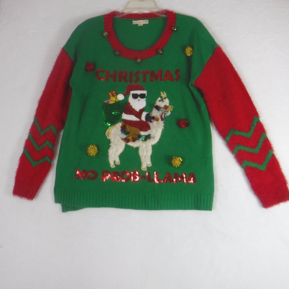 Its Our Time Womens Green Red Santa‎ Llama Ugly Christmas Sweater Size L